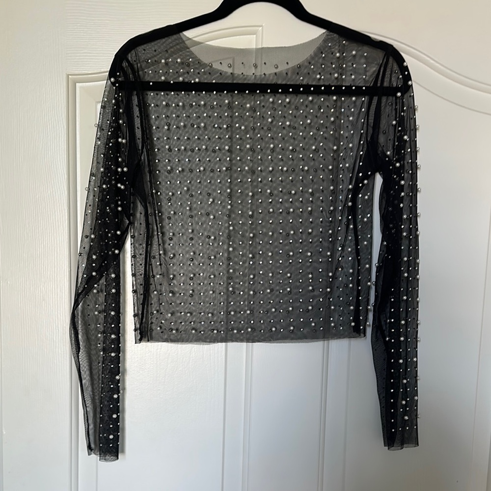 Elegant Black Sheer Top with Pearl Accents